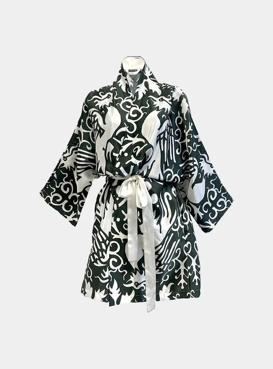 Kimono Silk Robe - Phoenix Green and White Long Studio Design