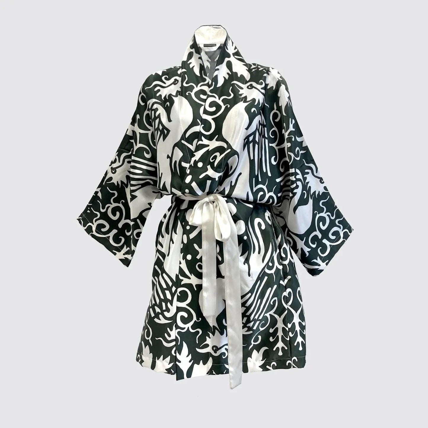 Kimono Silk Robe - Phoenix Green and White Long Studio Design