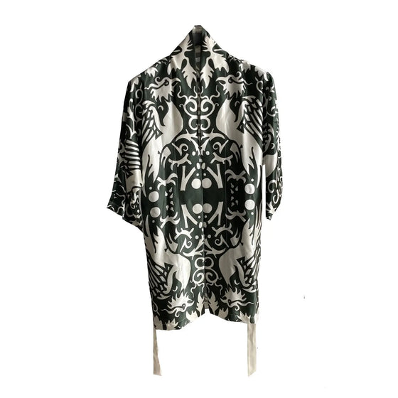 Kimono Silk Robe - Phoenix Green and White Long Studio Design