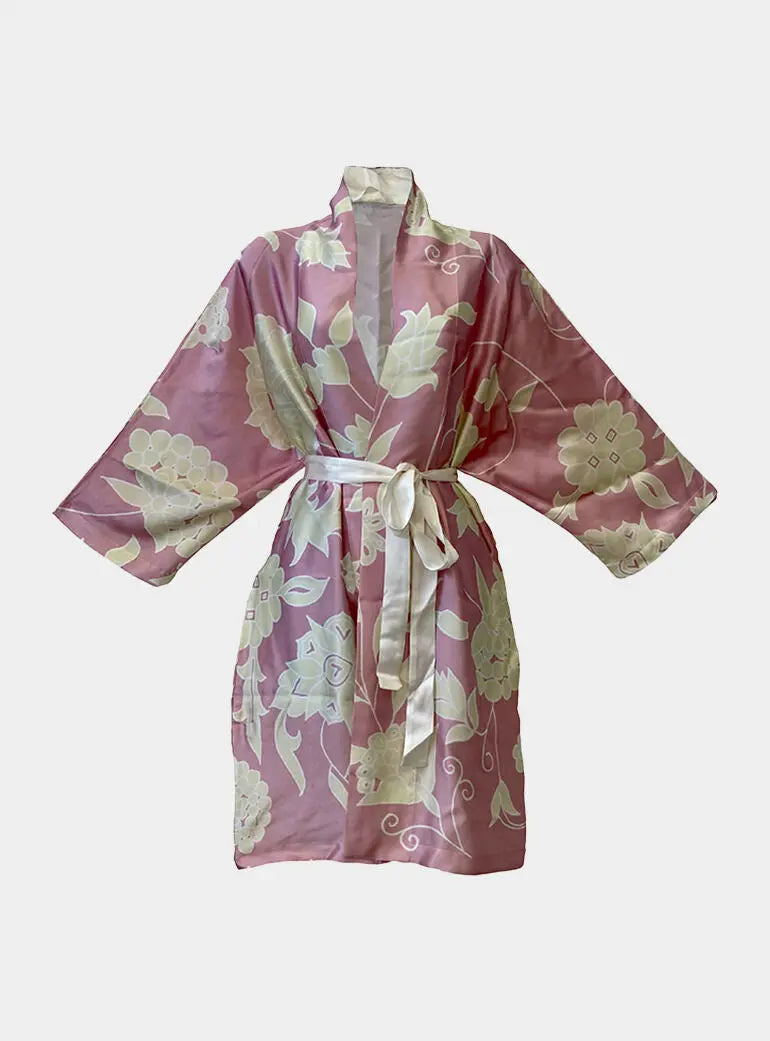 Kimono Silk Robe - Pink With Cream Floral Design Long Studio Design