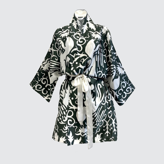 Kimono Silk Robe - Phoenix Green and White