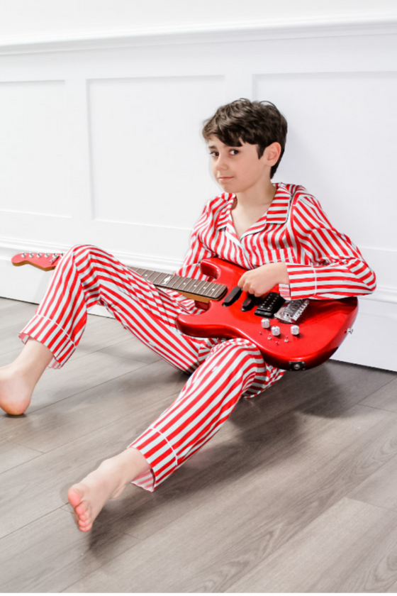 Teddy Ladybird Stripe Boys Silk Pyjama Set