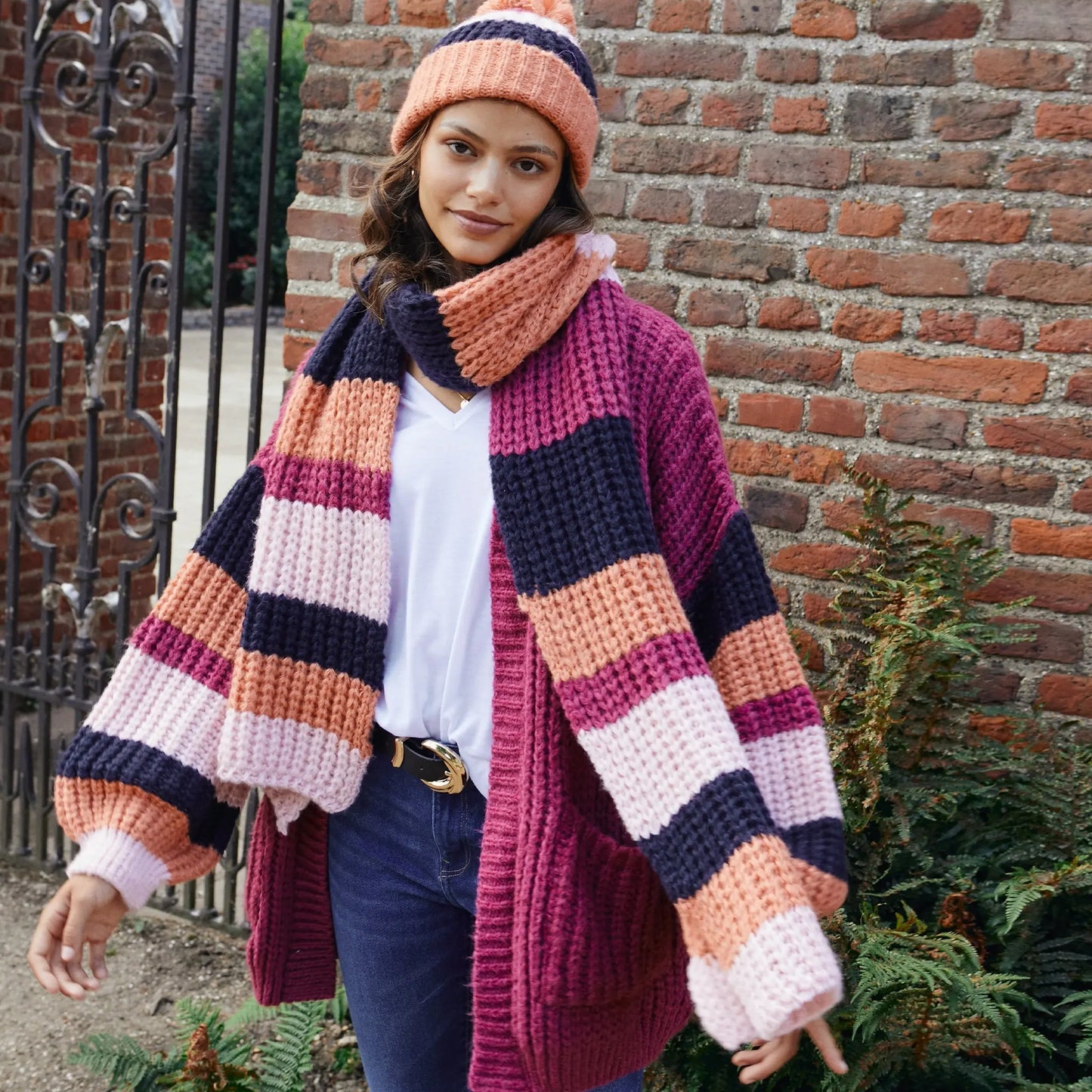 Leia Stripe Oversized Chunky Scarf - Berry Cara & The Sky