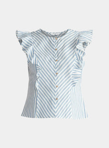  Light Blue and White Striped Frilled Cotton Blouse Paisie