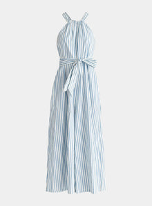  Light Blue and White Striped Halterneck Cotton Jumpsuit Paisie