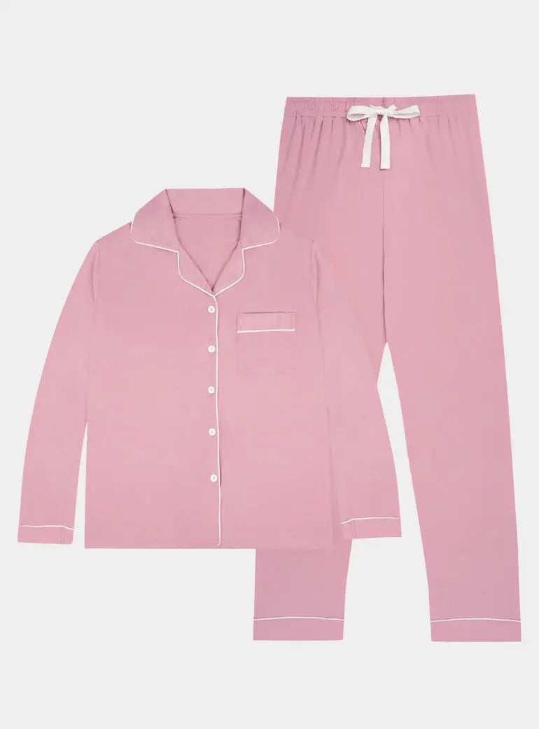 Limited Edition - Piped Edge Bamboo Pyjama Set in Rose Pink Made Wright London