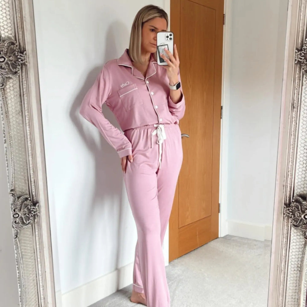 Limited Edition - Piped Edge Bamboo Pyjama Set in Rose Pink Made Wright London