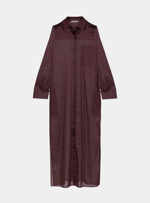  Linen Voile Button-Down Long Shirt Dress Restorative Brown NOKAYA