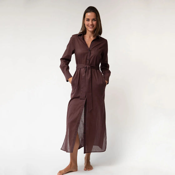 Linen Voile Button-Down Long Shirt Dress Restorative Brown - Myza