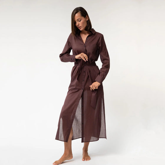 Linen Voile Button-Down Long Shirt Dress Restorative Brown - Myza