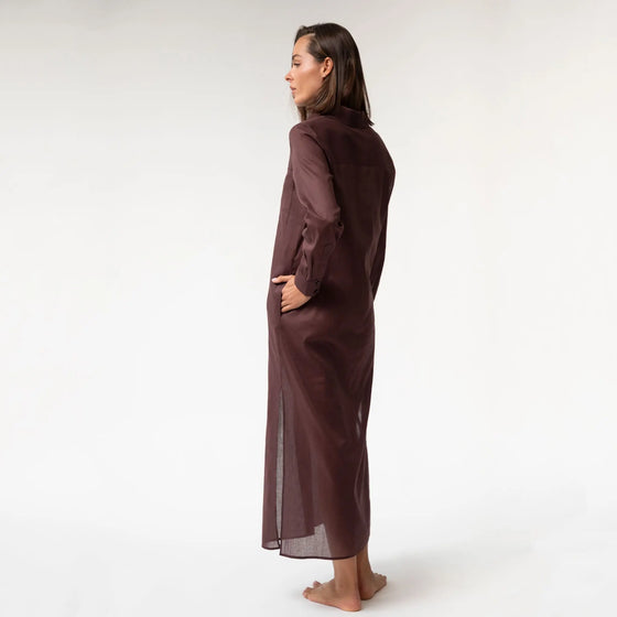 Linen Voile Button-Down Long Shirt Dress Restorative Brown - Myza