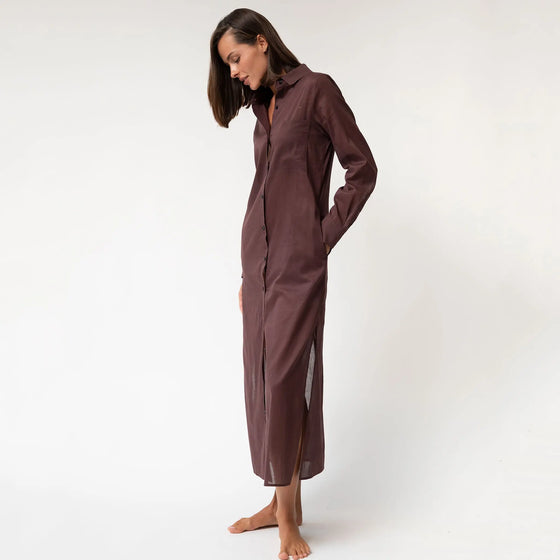 Linen Voile Button-Down Long Shirt Dress Restorative Brown - Myza