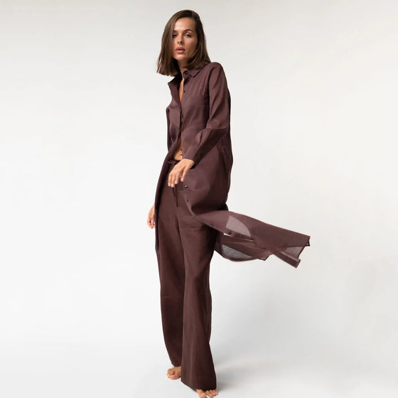 Linen Voile Button-Down Long Shirt Dress Restorative Brown - Myza