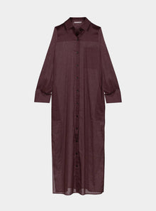  Linen Voile Button-Down Long Shirt Dress Restorative Brown