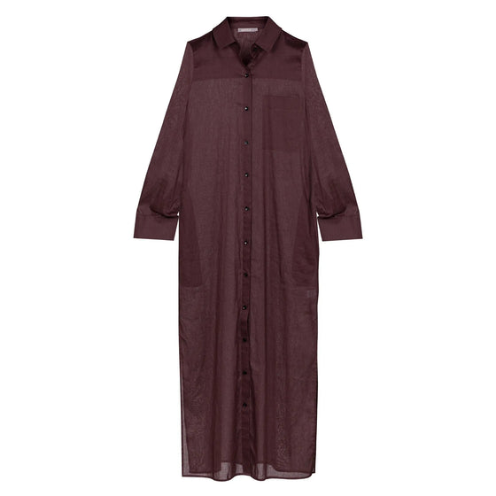 Linen Voile Button-Down Long Shirt Dress Restorative Brown - Myza