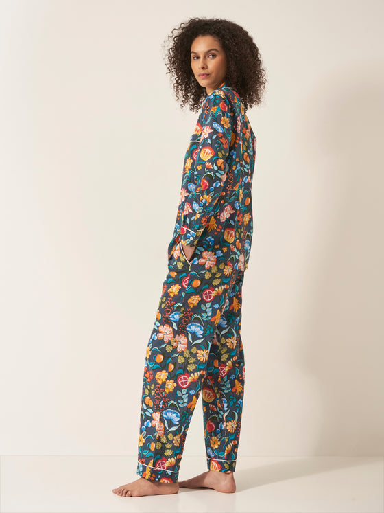 Florals on Navy Women's Long Sleeve Organic Cotton Pyjama Trouser Set