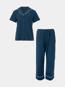  Luxury Suite Waffle Short Shirt Trouser Set in Marine Blue Pretty You London