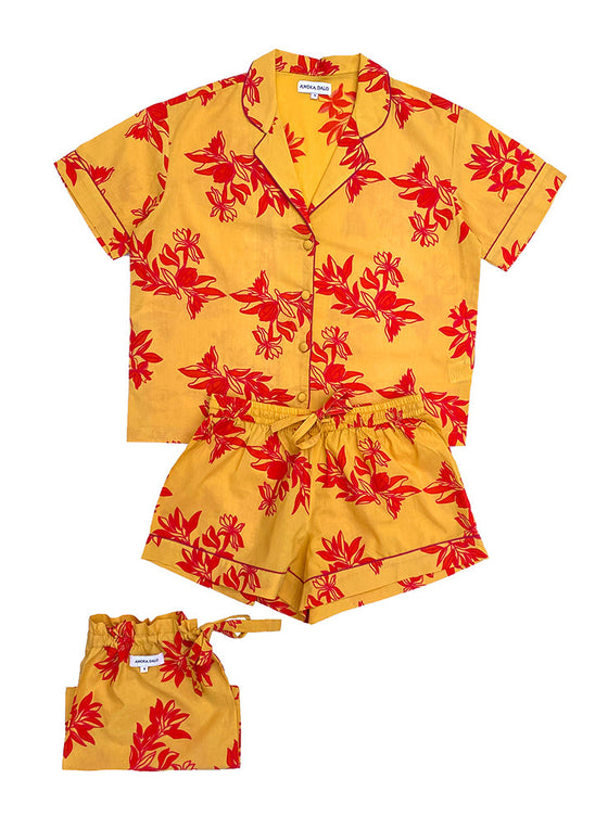 Short Sleeve Pyjamas - Matching Set in Cartagena Print - Yellow/Pink