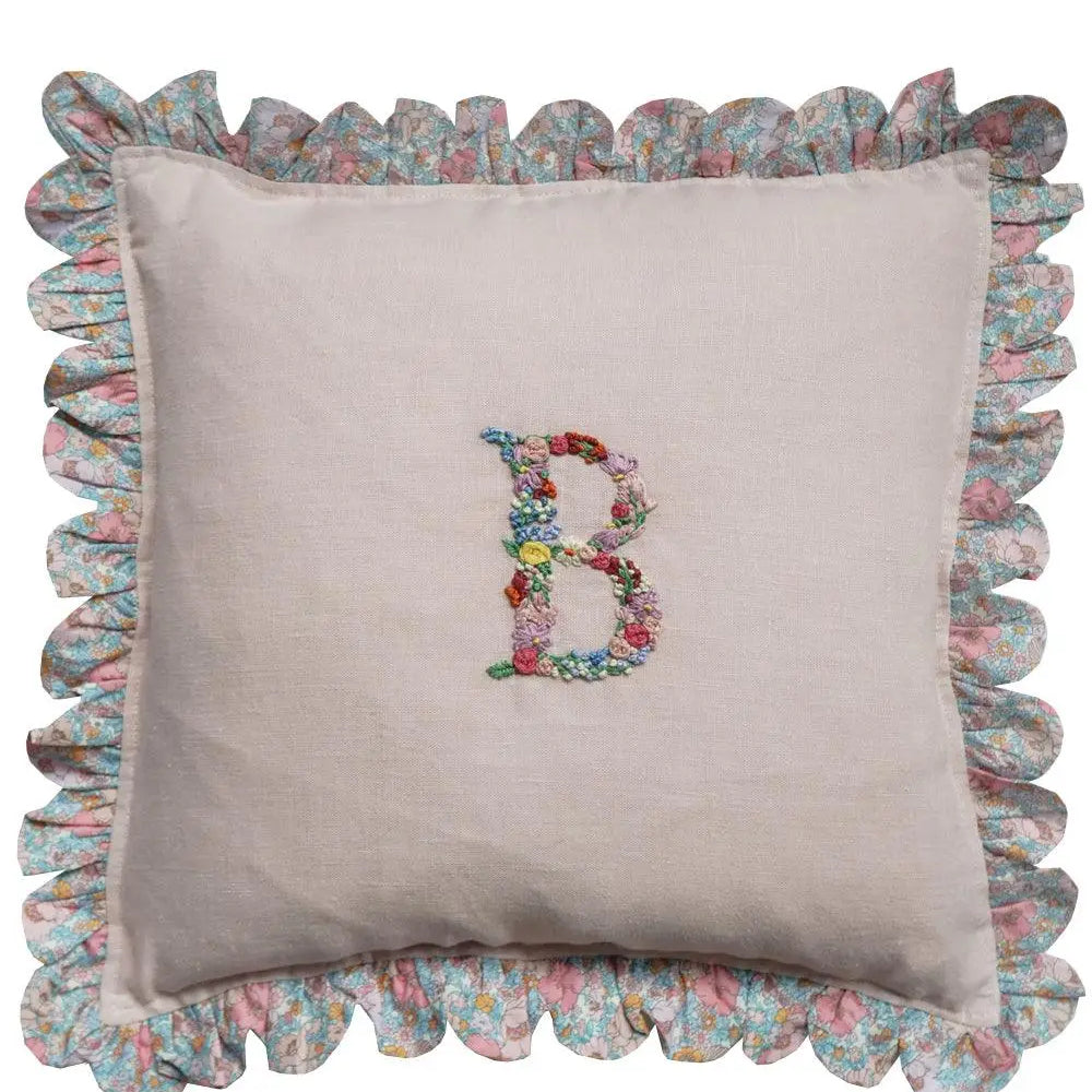 MEADOW SONG Liberty Embroidered Letter Scallop Edge Cushion Coco & Wolf