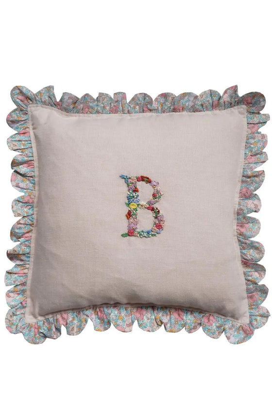 MEADOW SONG Liberty Embroidered Letter Scallop Edge Cushion Coco & Wolf