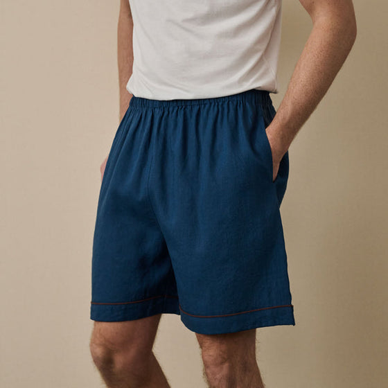 Marine Blue Tencel Linen Blend Men's Pyjama Shorts Piglet