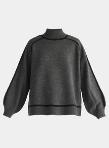  Marl Dark Grey and Black Contrast Stripe Piping Mock Neck Jumper Paisie