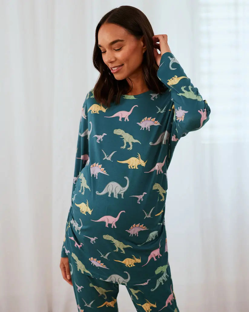 Maternity Dinosaur Print Women's Long Pyjama Set - Dark Teal Chelsea Peers