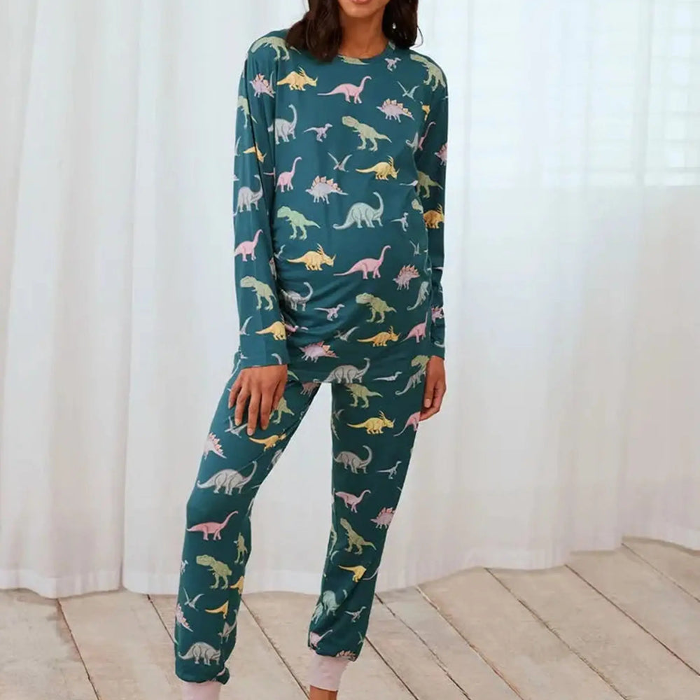 Maternity Dinosaur Print Women's Long Pyjama Set - Dark Teal Chelsea Peers