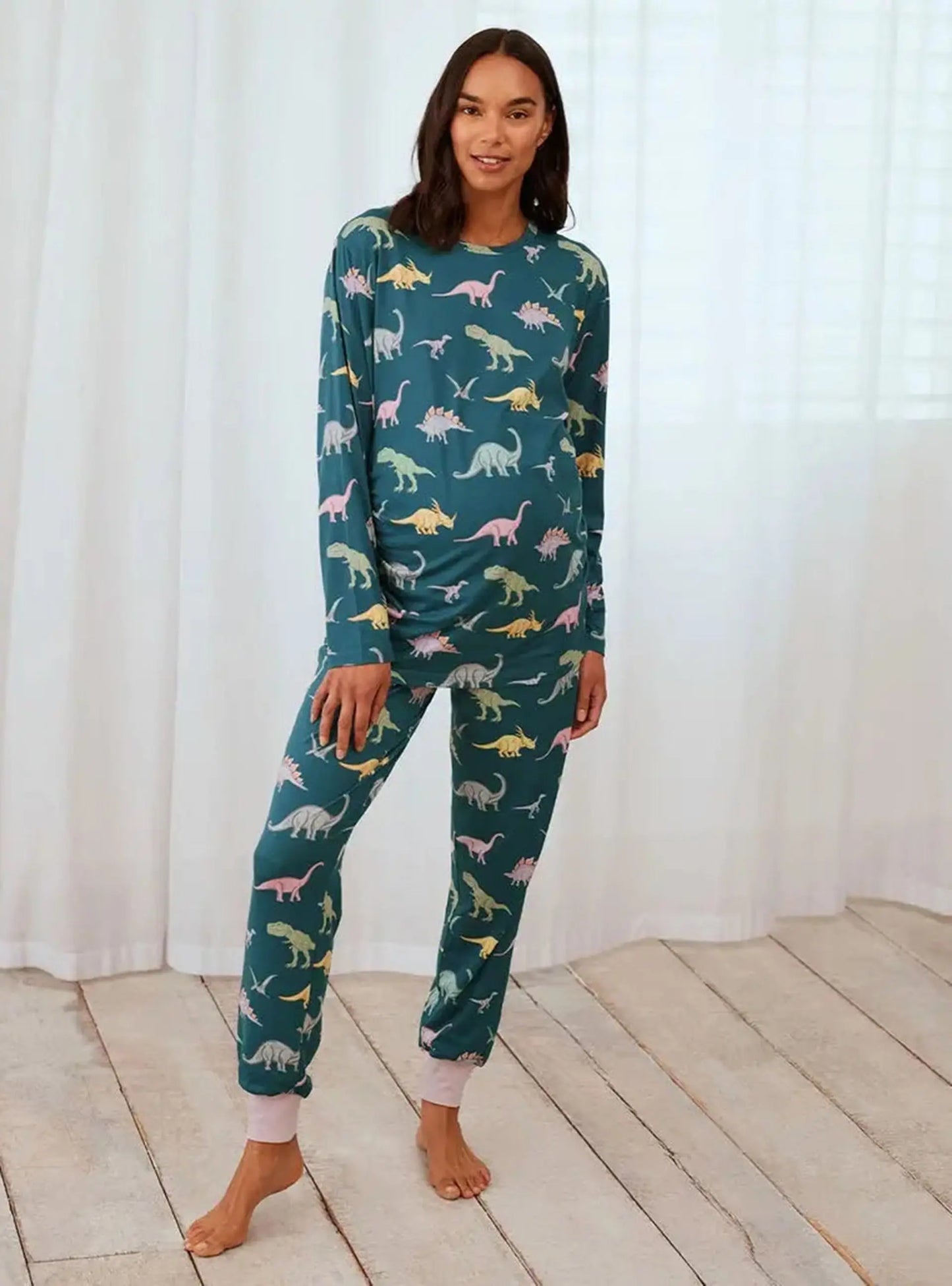 Maternity Dinosaur Print Women's Long Pyjama Set - Dark Teal Chelsea Peers