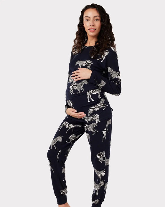 Maternity Navy Zebra Print Long Pyjama Set Chelsea Peers