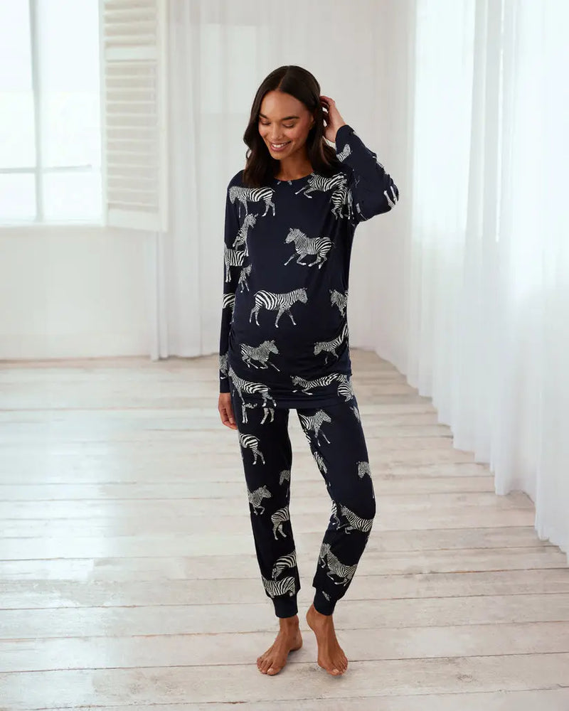 Maternity Navy Zebra Print Women's Long Pyjama Set Chelsea Peers