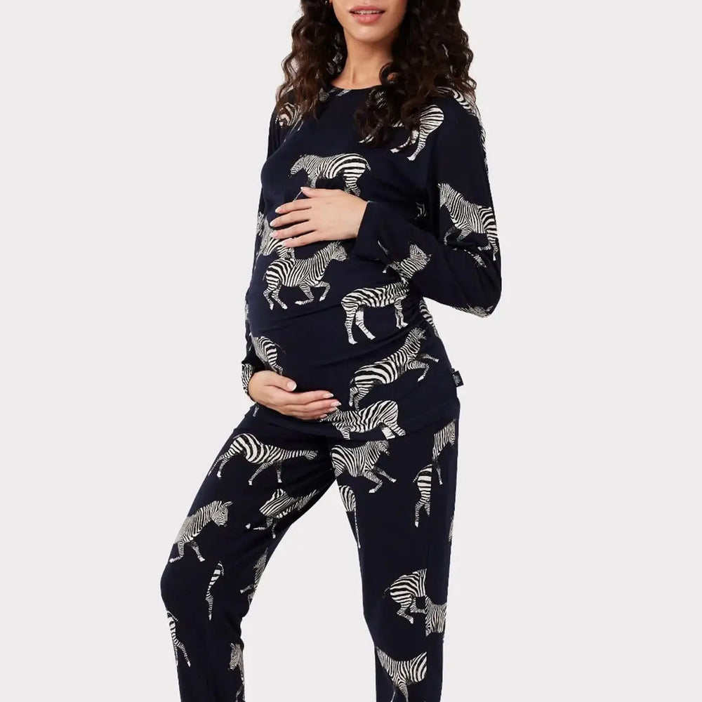 Maternity Navy Zebra Print Women's Long Pyjama Set Chelsea Peers