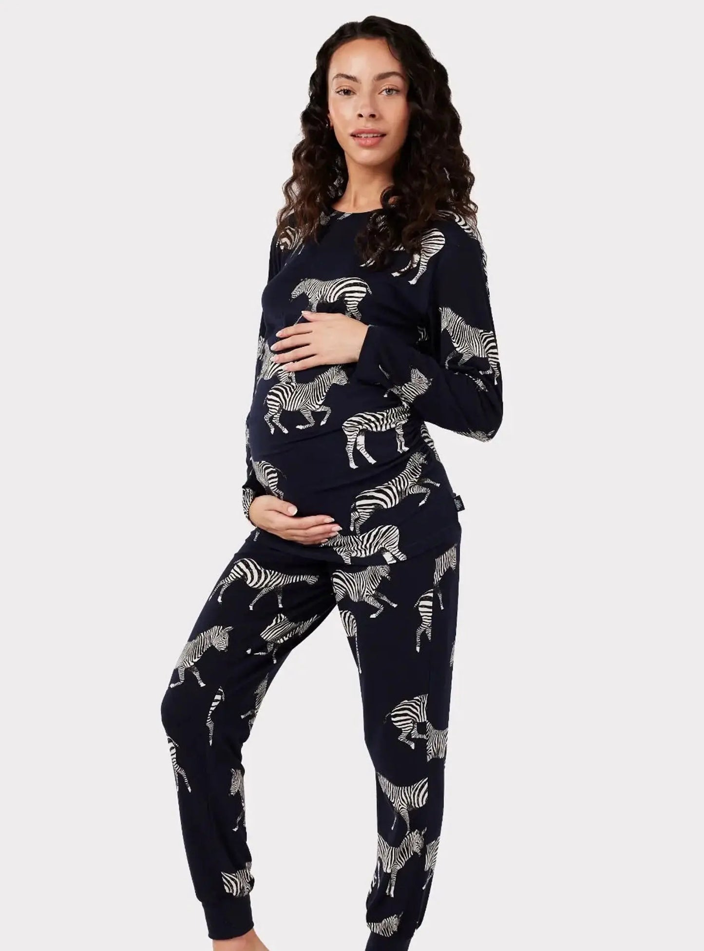 Maternity Navy Zebra Print Women's Long Pyjama Set Chelsea Peers