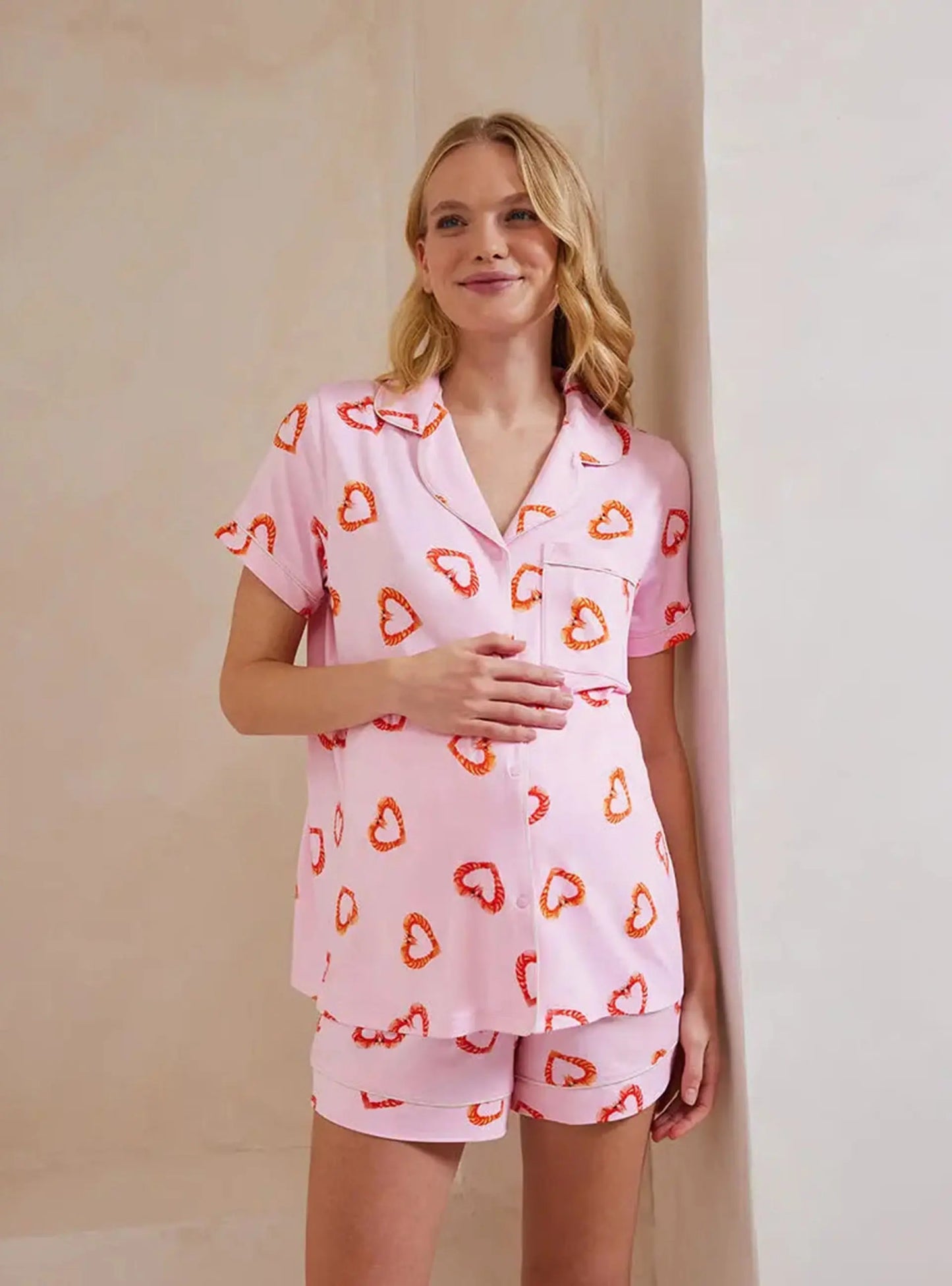 Maternity Shrimp Heart Print Short Pyjama Set Chelsea Peers