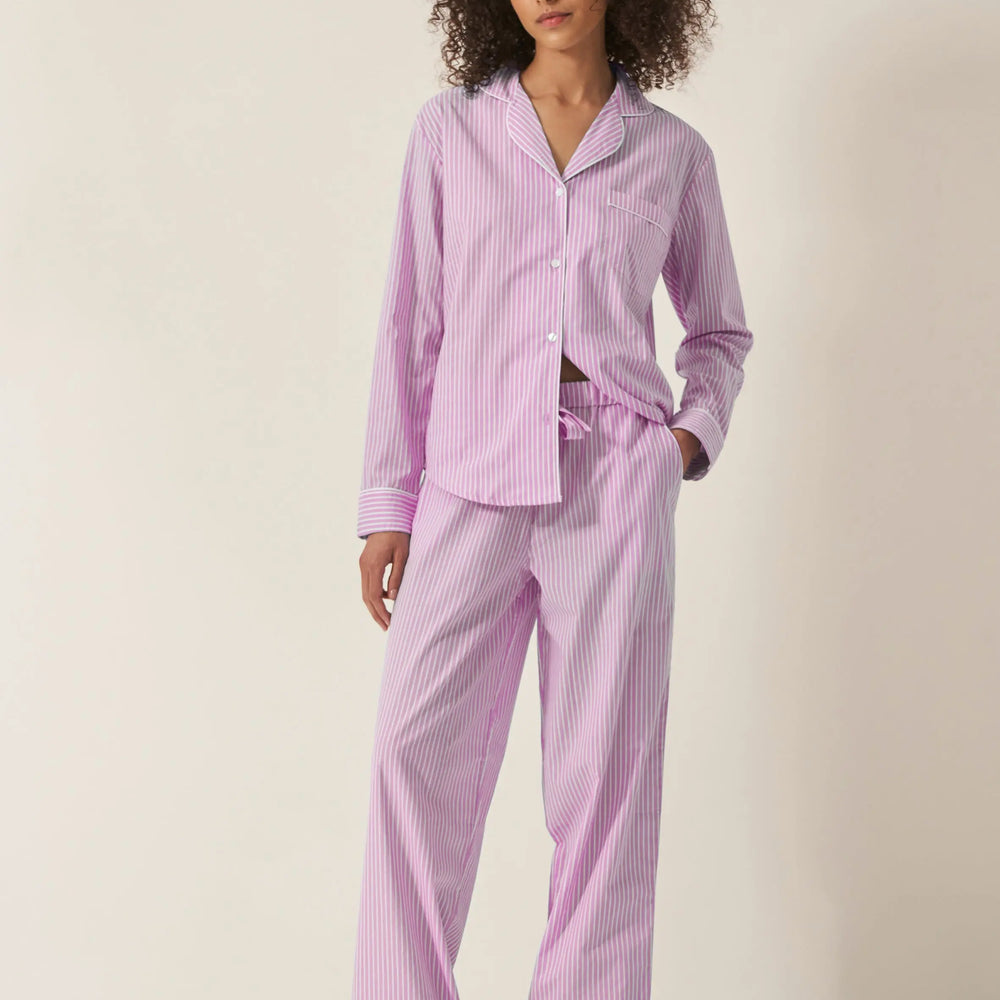 Mauve Stripe Women's Long Sleeve Organic Cotton Pyjama Trouser Set Myza