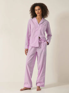  Mauve Stripe Women's Long Sleeve Organic Cotton Pyjama Trouser Set Myza