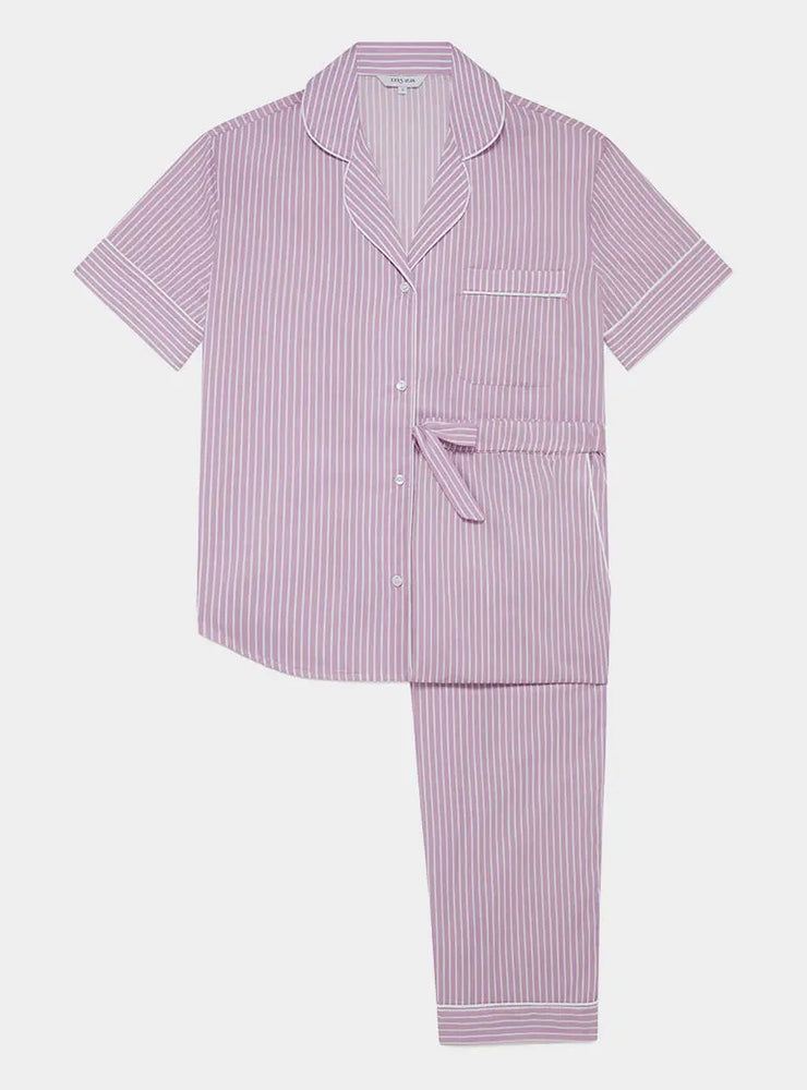 Mauve Stripe Women's Short Sleeve Organic Cotton Pyjama Trouser Set Myza