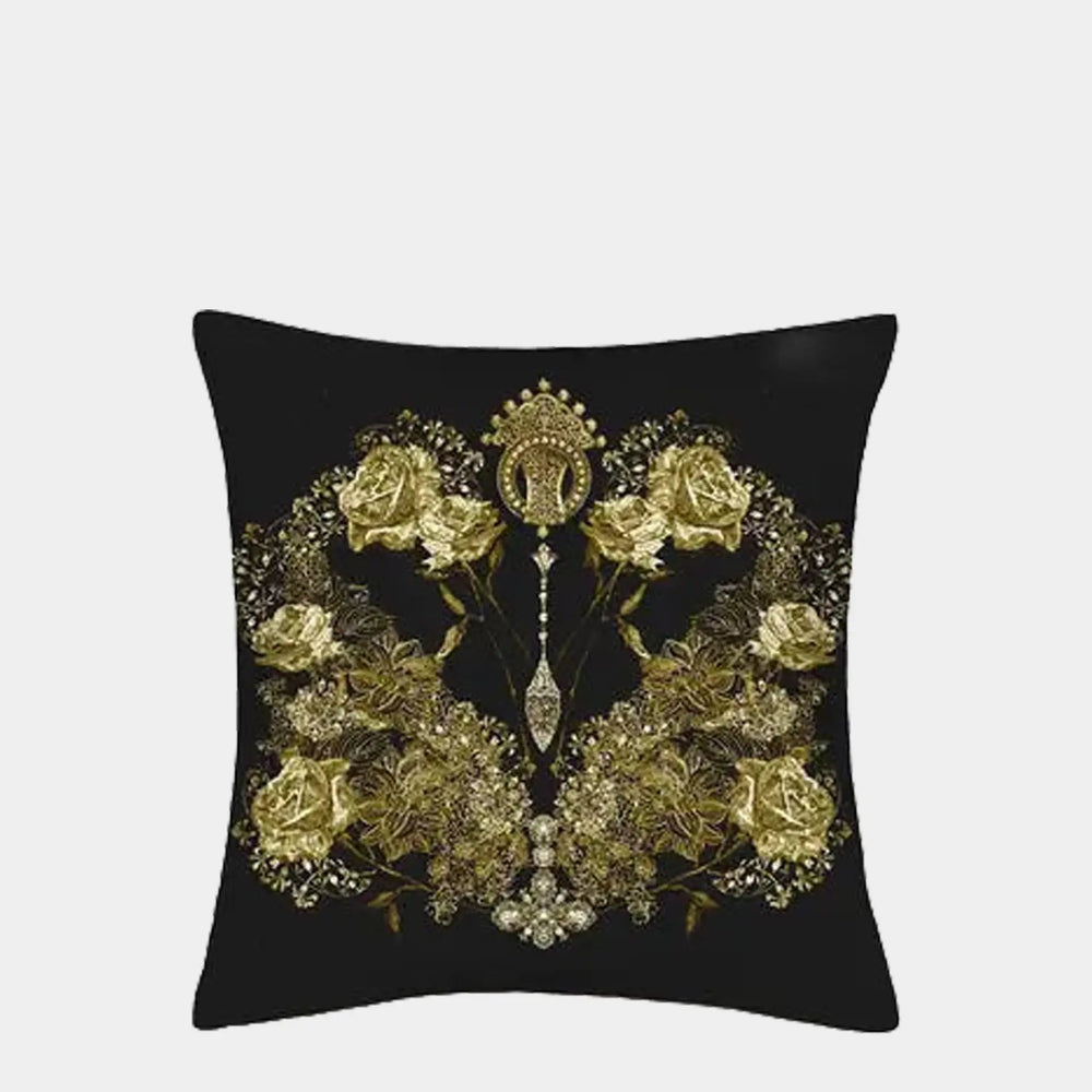 Mayfairsilk Black and Gold Roses Pure Silk Cushion Cover MayfairSilk