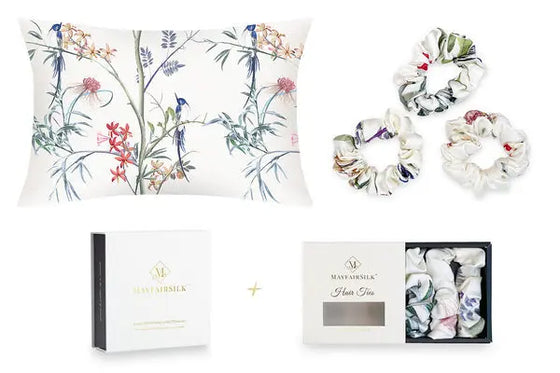 Mayfairsilk Hummingbird Silk Pillowcase and Scrunchies Gift Set MayfairSilk