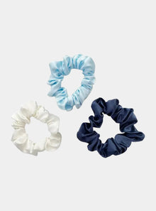  Mayfairsilk Midnight Blue / Ivory / Pastel Blue Silk Scrunchies Set MayfairSilk