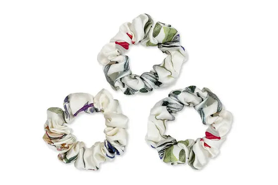 Mayfairsilk White with Botanical Print Silk Scrunchies Set MayfairSilk