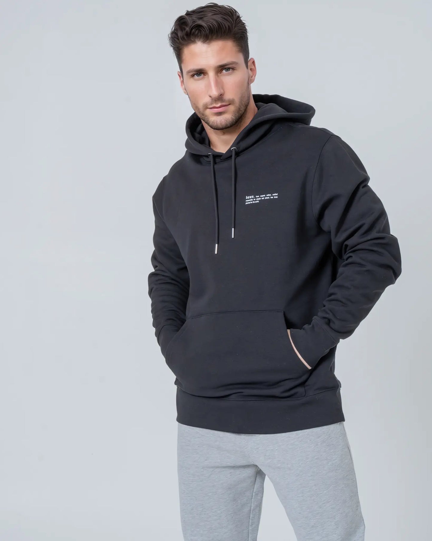 Mens Organic Cotton Relaxed-Fit Hoodie in Anthracite hewn.