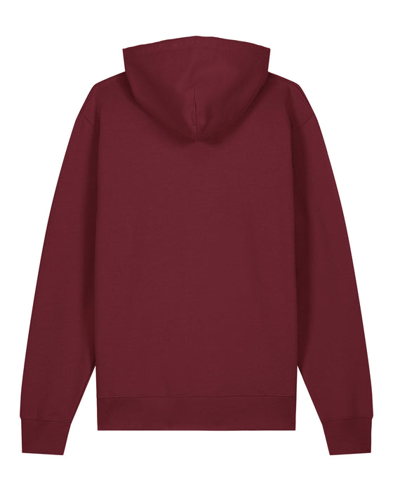 Mens Organic Cotton Relaxed-Fit Hoodie in Berry Red hewn.