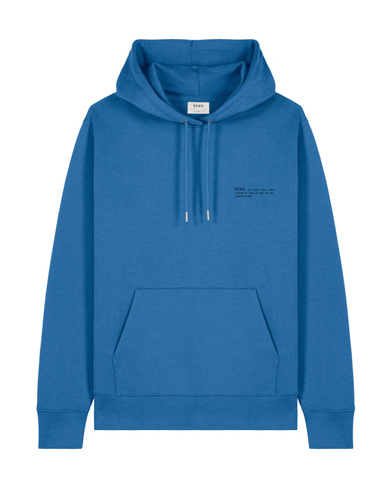 Mens Organic Cotton Relaxed-Fit Hoodie in Morpho Blue hewn.