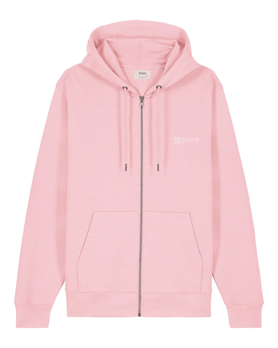 Mens Organic Cotton Relaxed-Fit Zip Hoodie in Cherry Blossom Pink hewn.