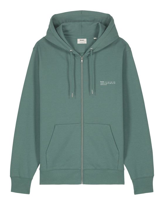 Mens Organic Cotton Relaxed-Fit Zip Hoodie in Eucalyptus Green hewn.