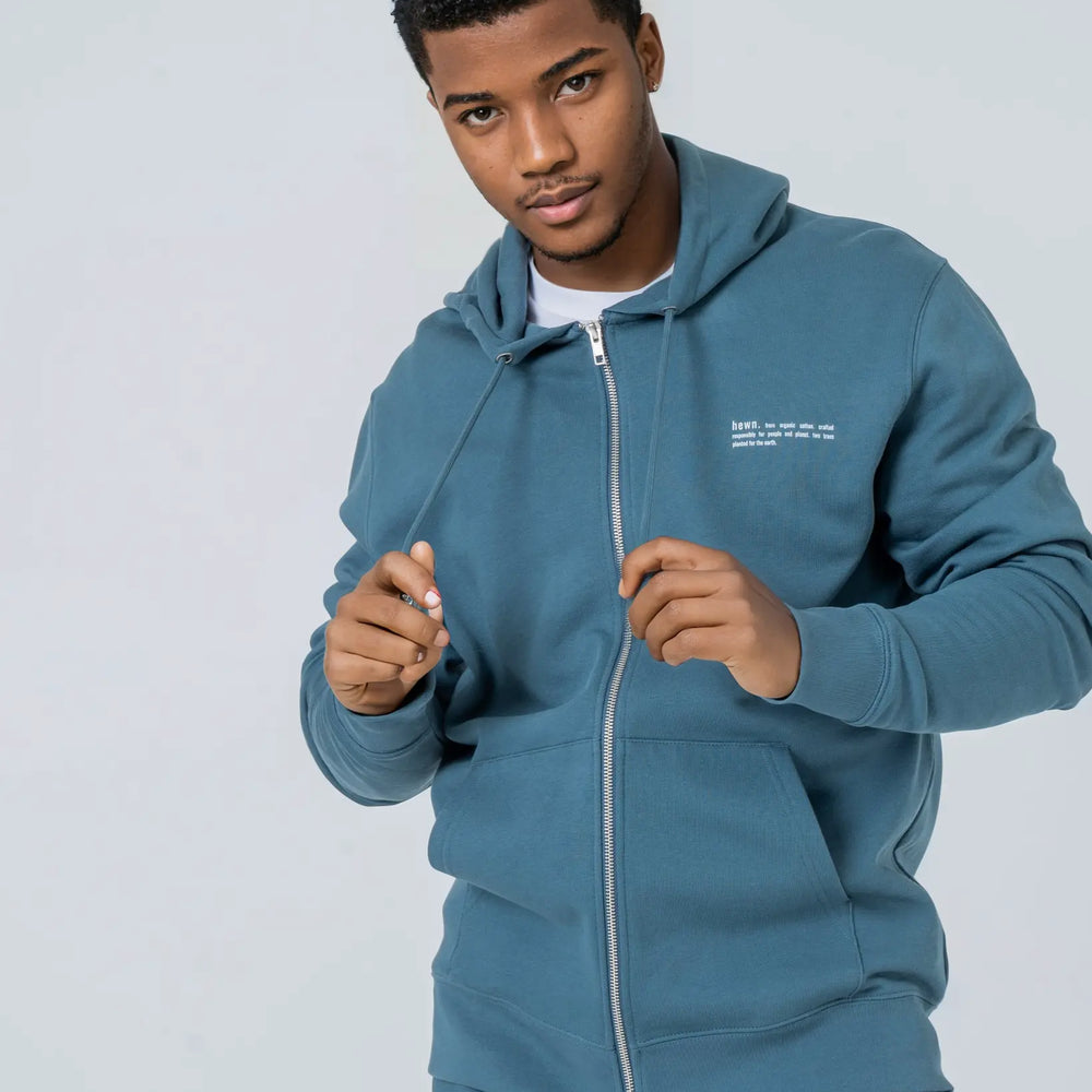 Mens Organic Cotton Relaxed-Fit Zip Hoodie in Ocean Blue hewn.