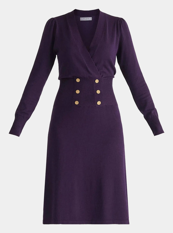 Midnight Plum Long Sleeve Knitted Button Wrap Dress Paisie