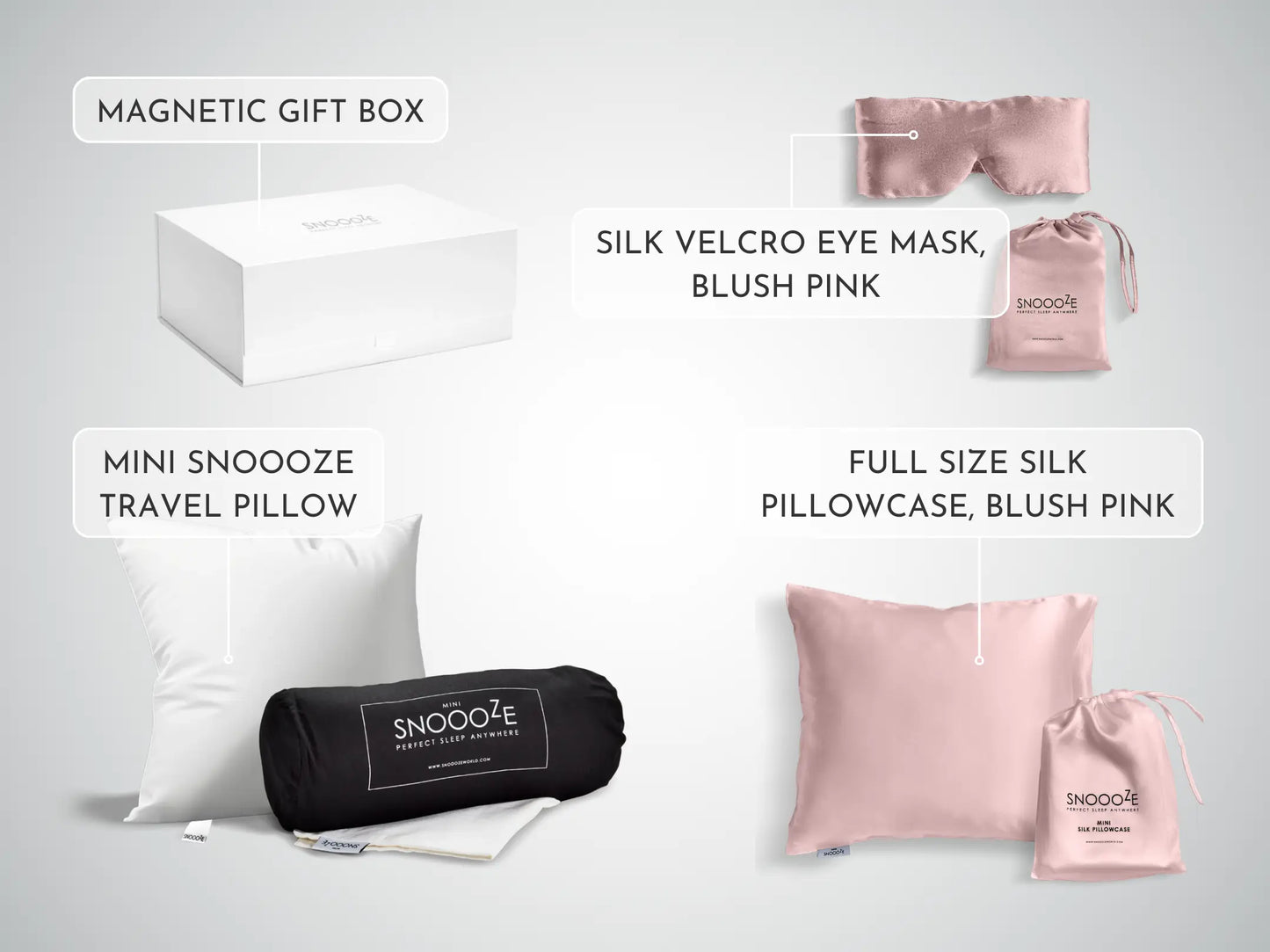 Mini Travel Pillow+Mini Silk Pillowcase+Eye Mask+Gift Box Included Bundle, Blush Pink Snooozeworld