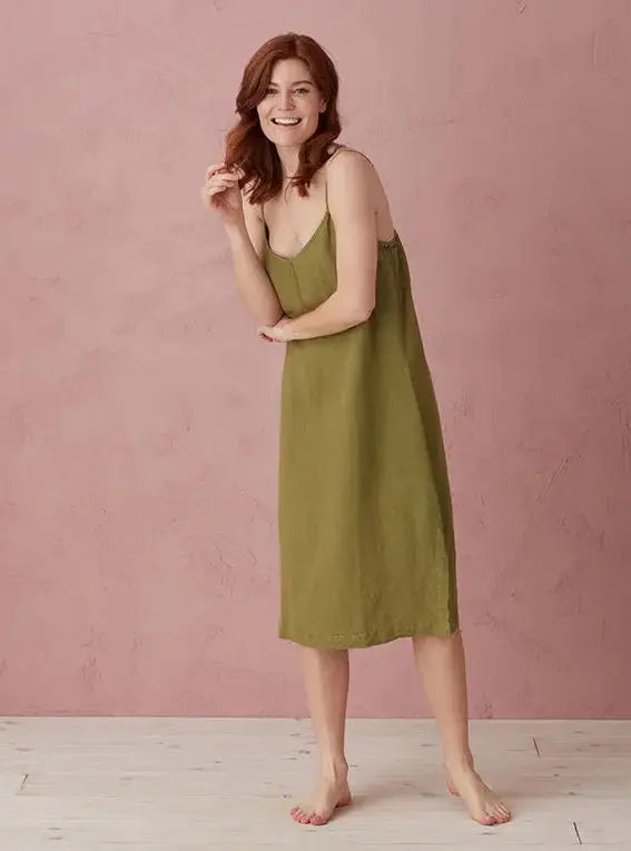 Moss Green Alice 100% Linen Cami Nightie The Secret Linen Store